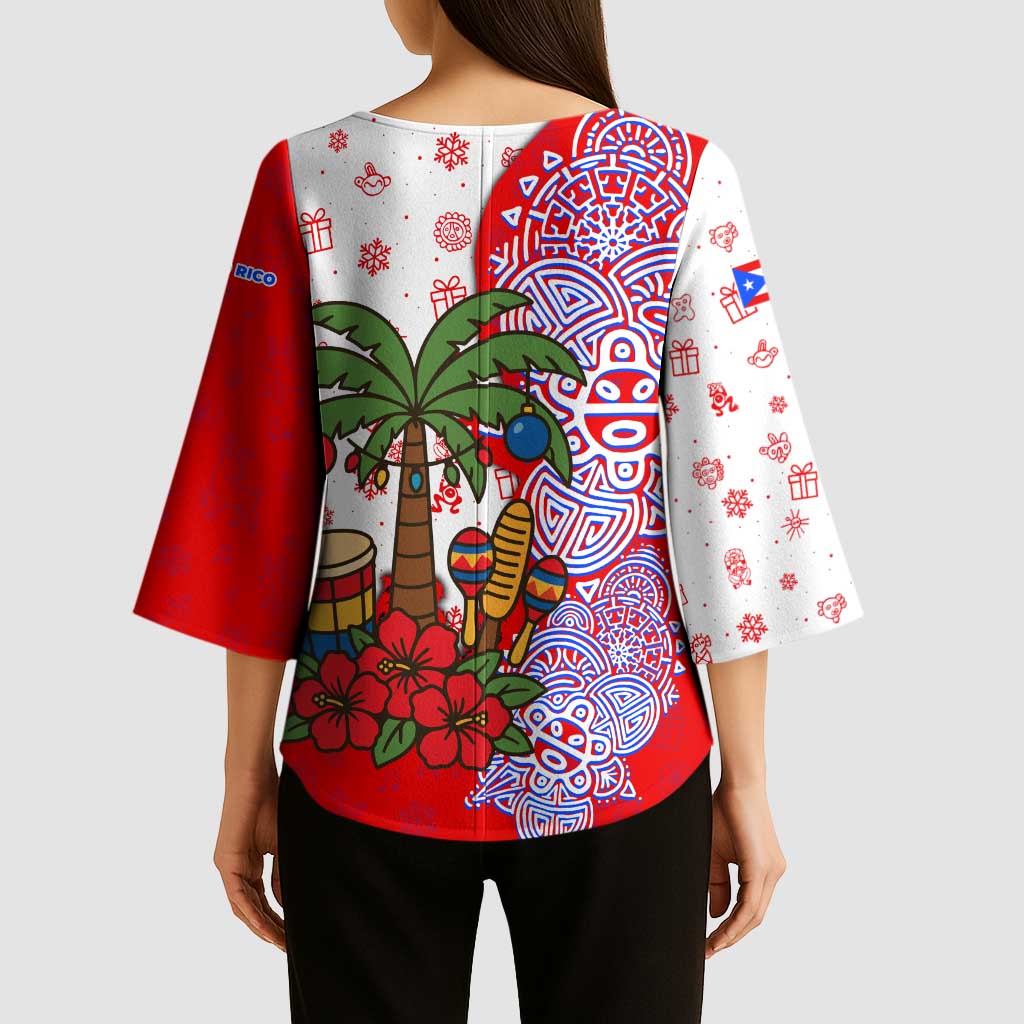 Puerto Rico Christmas Kimono Sleeve Blouse with Taino Symbols Palm Tree Bongos and Holiday Pattern Design - Wonder Print Shop