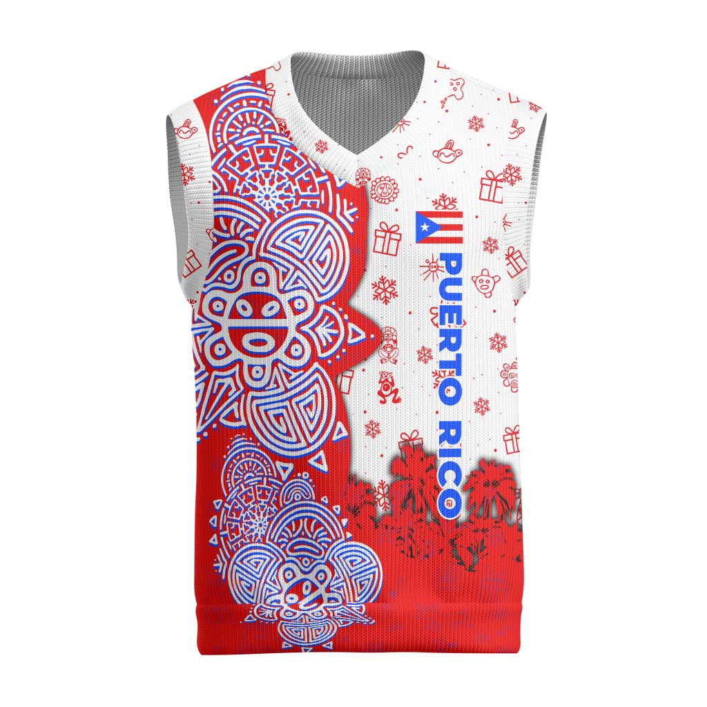 Puerto Rico Christmas Knitted V-Neck Vest with Taino Symbols Palm Tree Bongos and Holiday Pattern Design - Wonder Print Shop
