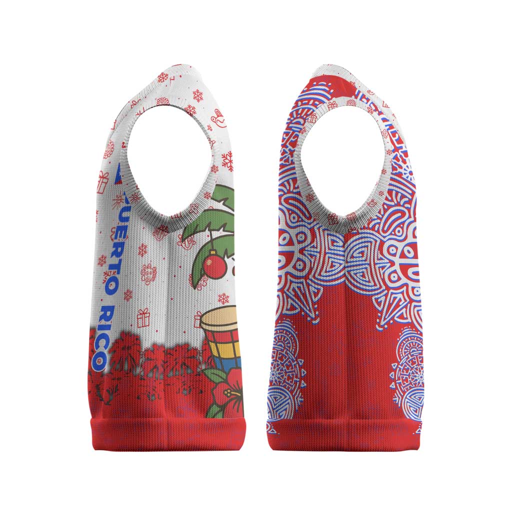 Puerto Rico Christmas Knitted V-Neck Vest with Taino Symbols Palm Tree Bongos and Holiday Pattern Design - Wonder Print Shop