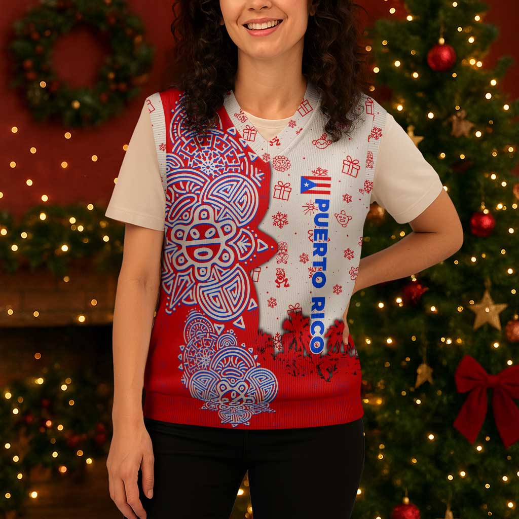 Puerto Rico Christmas Knitted V-Neck Vest with Taino Symbols Palm Tree Bongos and Holiday Pattern Design - Wonder Print Shop