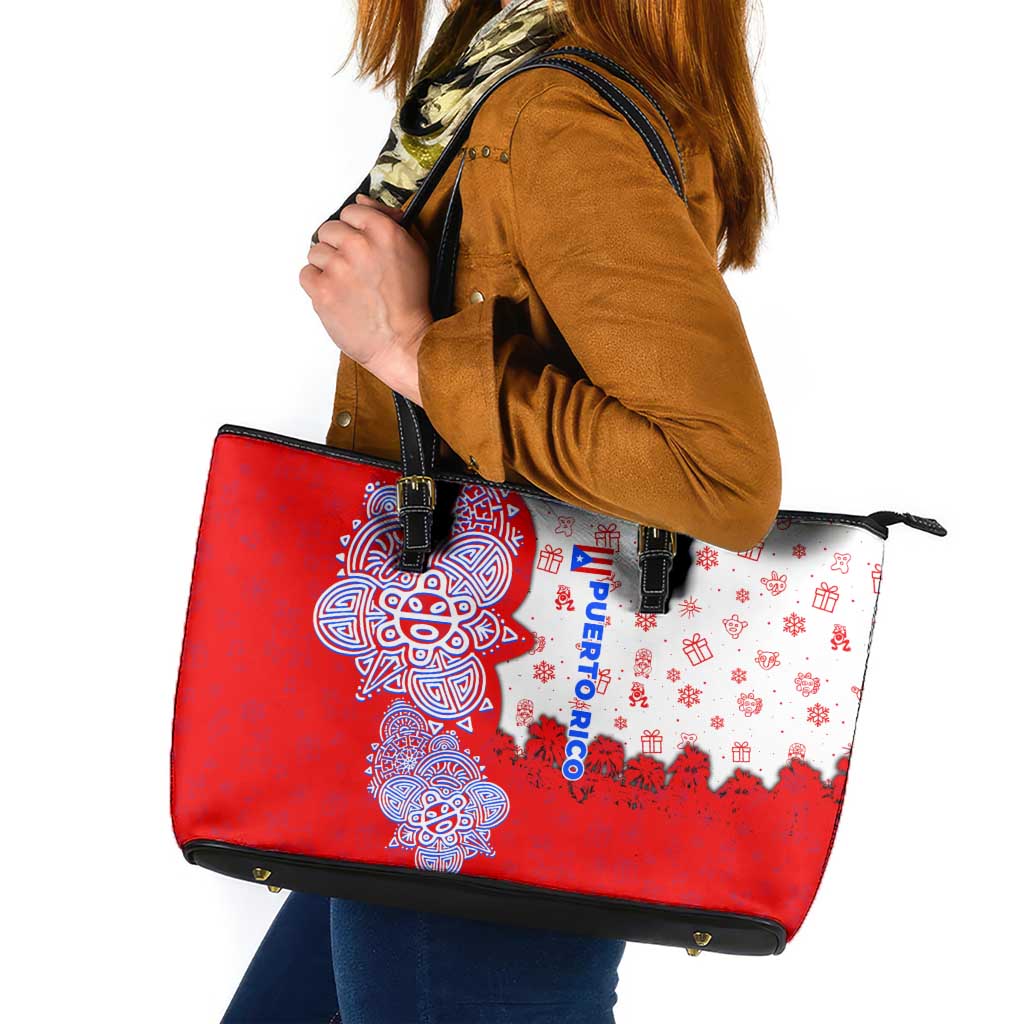 Puerto Rico Christmas Leather Tote Bag with Taino Symbols Palm Tree Bongos and Holiday Pattern Design - Wonder Print Shop