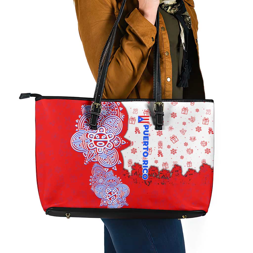 Puerto Rico Christmas Leather Tote Bag with Taino Symbols Palm Tree Bongos and Holiday Pattern Design - Wonder Print Shop