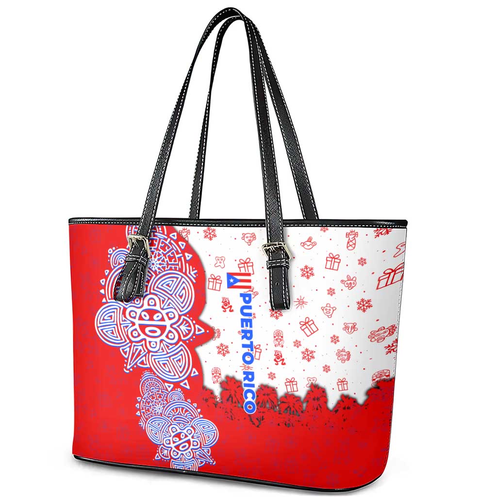 Puerto Rico Christmas Leather Tote Bag with Taino Symbols Palm Tree Bongos and Holiday Pattern Design - Wonder Print Shop