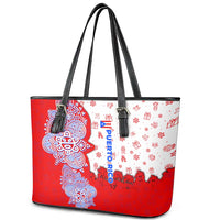 Puerto Rico Christmas Leather Tote Bag with Taino Symbols Palm Tree Bongos and Holiday Pattern Design - Wonder Print Shop
