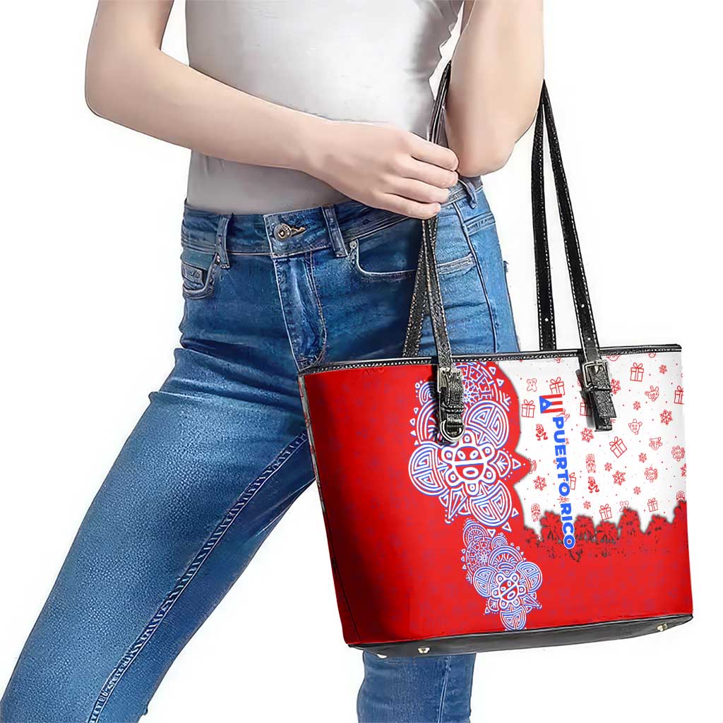 Puerto Rico Christmas Leather Tote Bag with Taino Symbols Palm Tree Bongos and Holiday Pattern Design - Wonder Print Shop