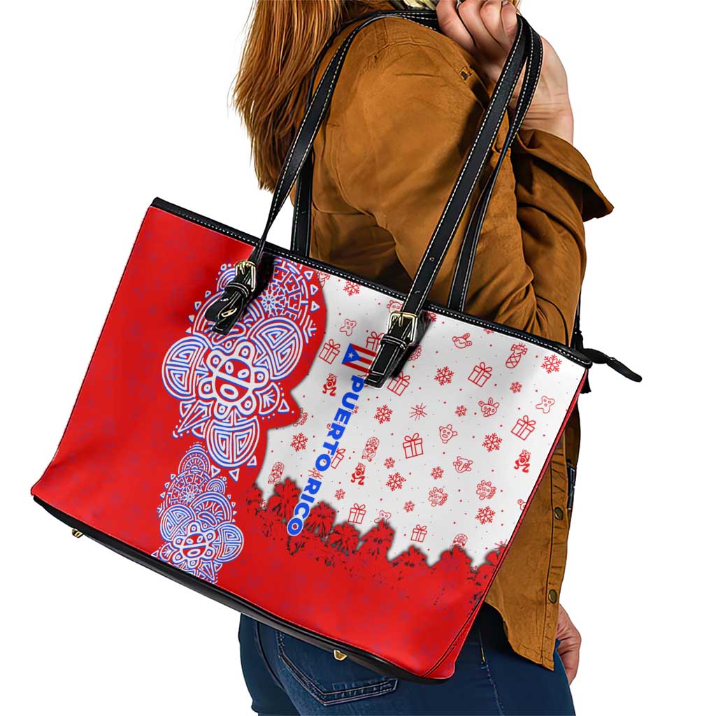 Puerto Rico Christmas Leather Tote Bag with Taino Symbols Palm Tree Bongos and Holiday Pattern Design - Wonder Print Shop