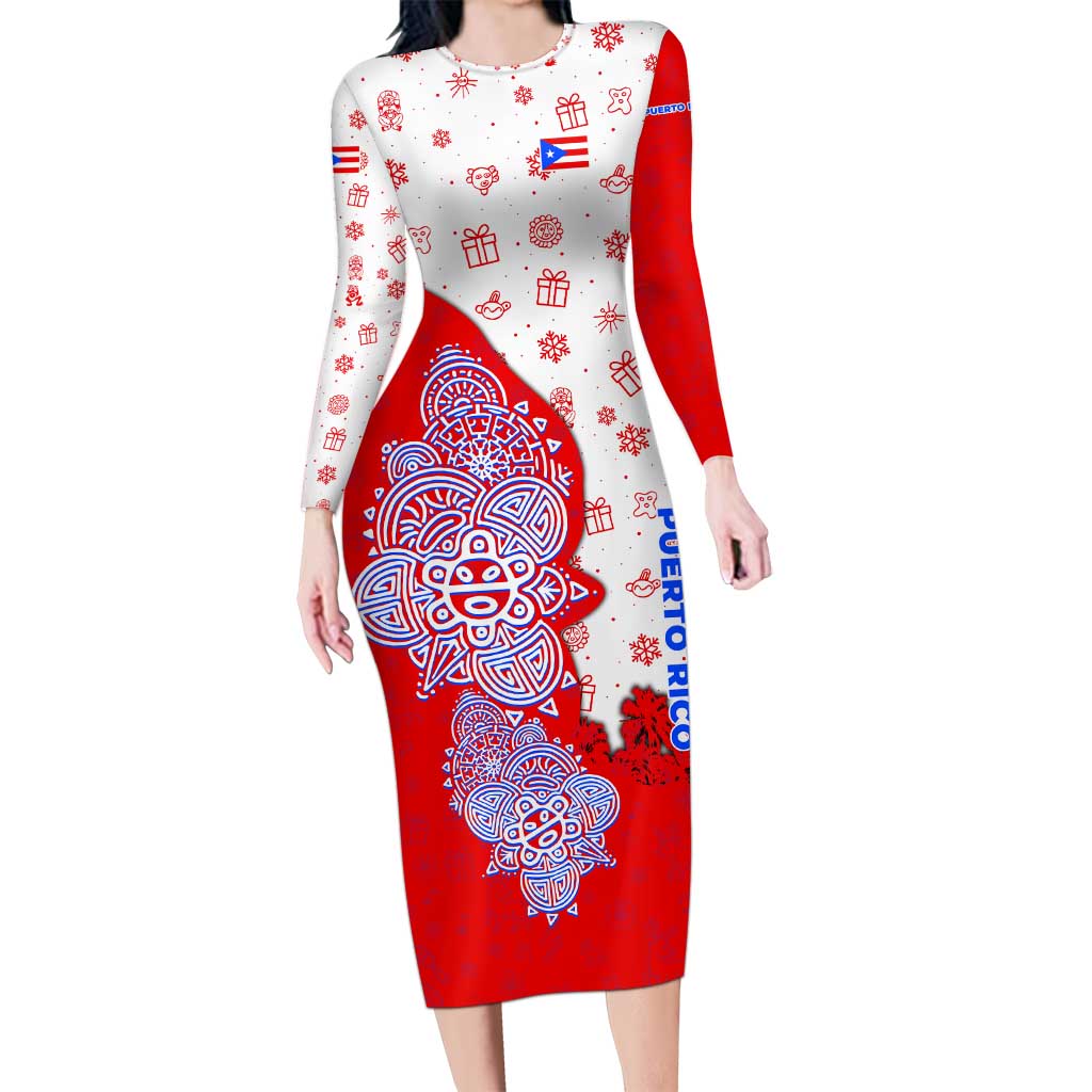 Puerto Rico Christmas Long Sleeve Bodycon Dress with Taino Symbols Palm Tree Bongos and Holiday Pattern Design - Wonder Print Shop