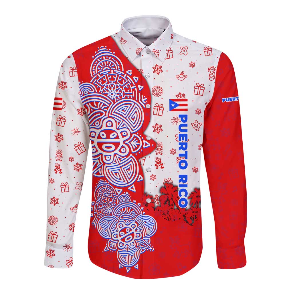 Puerto Rico Christmas Long Sleeve Button Shirt with Taino Symbols Palm Tree Bongos and Holiday Pattern Design - Wonder Print Shop