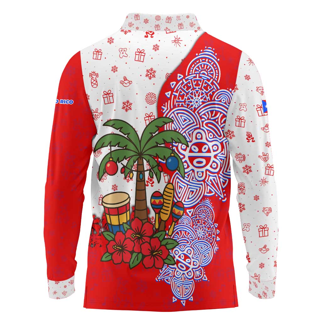 Puerto Rico Christmas Long Sleeve Polo Shirt with Taino Symbols Palm Tree Bongos and Holiday Pattern Design - Wonder Print Shop