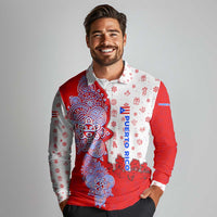 Puerto Rico Christmas Long Sleeve Polo Shirt with Taino Symbols Palm Tree Bongos and Holiday Pattern Design - Wonder Print Shop
