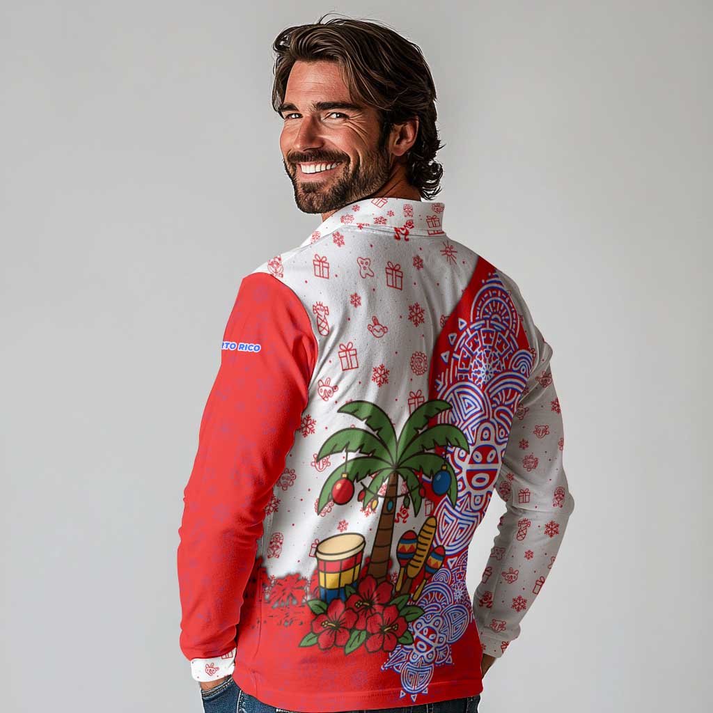 Puerto Rico Christmas Long Sleeve Polo Shirt with Taino Symbols Palm Tree Bongos and Holiday Pattern Design - Wonder Print Shop