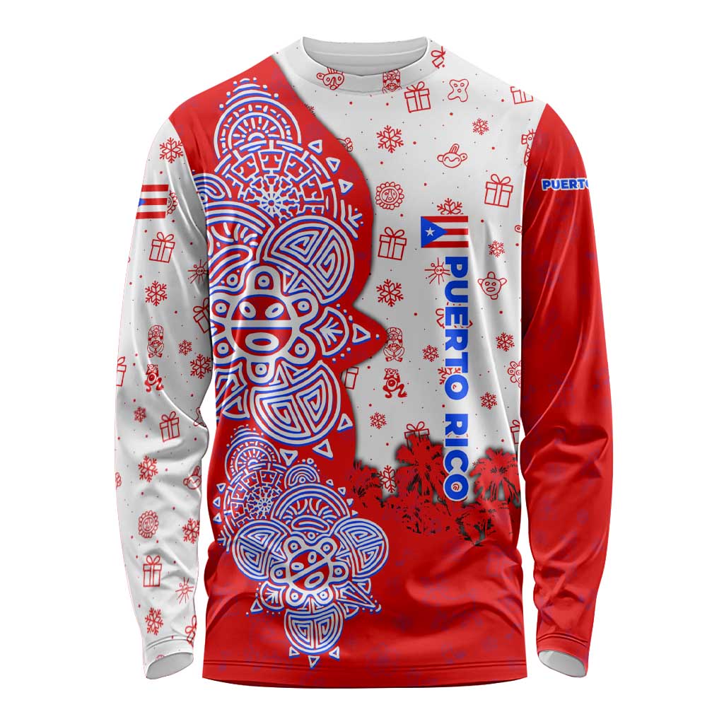 Puerto Rico Christmas Long Sleeve Shirt with Taino Symbols Palm Tree Bongos and Holiday Pattern Design - Wonder Print Shop
