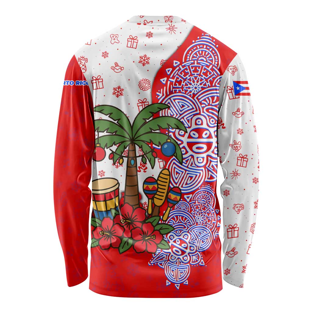 Puerto Rico Christmas Long Sleeve Shirt with Taino Symbols Palm Tree Bongos and Holiday Pattern Design - Wonder Print Shop