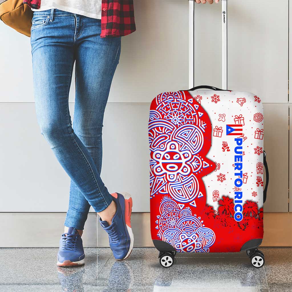 Puerto Rico Christmas Luggage Cover with Taino Symbols Palm Tree Bongos and Holiday Pattern Design - Wonder Print Shop