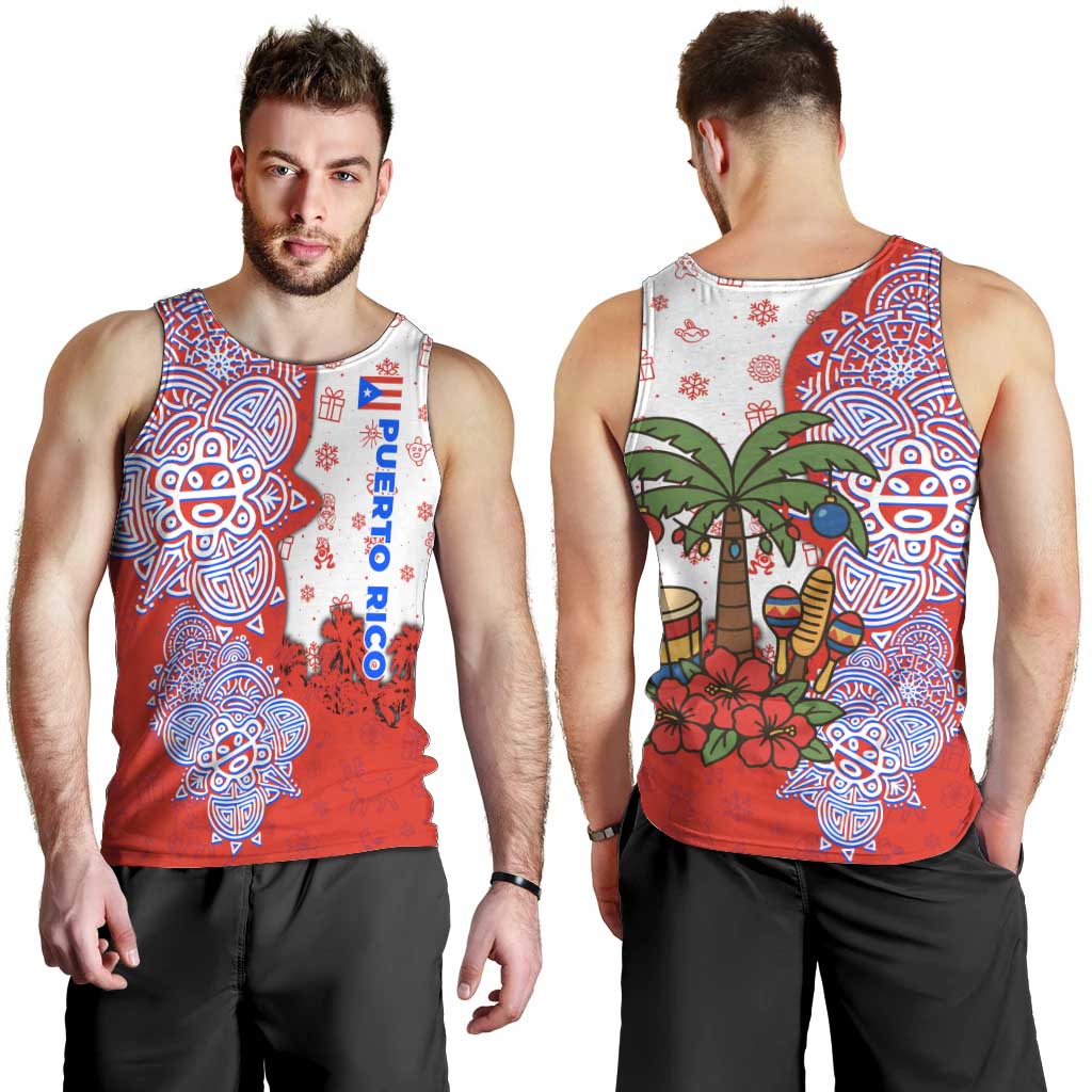 Puerto Rico Christmas Men Tank Top with Taino Symbols Palm Tree Bongos and Holiday Pattern Design - Wonder Print Shop