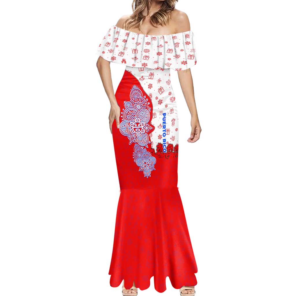 Puerto Rico Christmas Mermaid Dress with Taino Symbols Palm Tree Bongos and Holiday Pattern Design - Wonder Print Shop