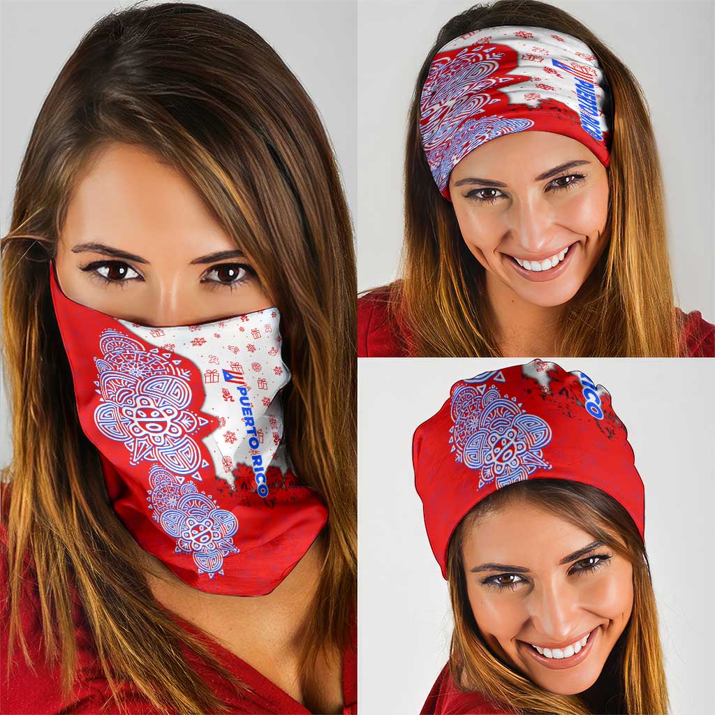 Puerto Rico Christmas Neck Gaiter with Taino Symbols Palm Tree Bongos and Holiday Pattern Design - Wonder Print Shop