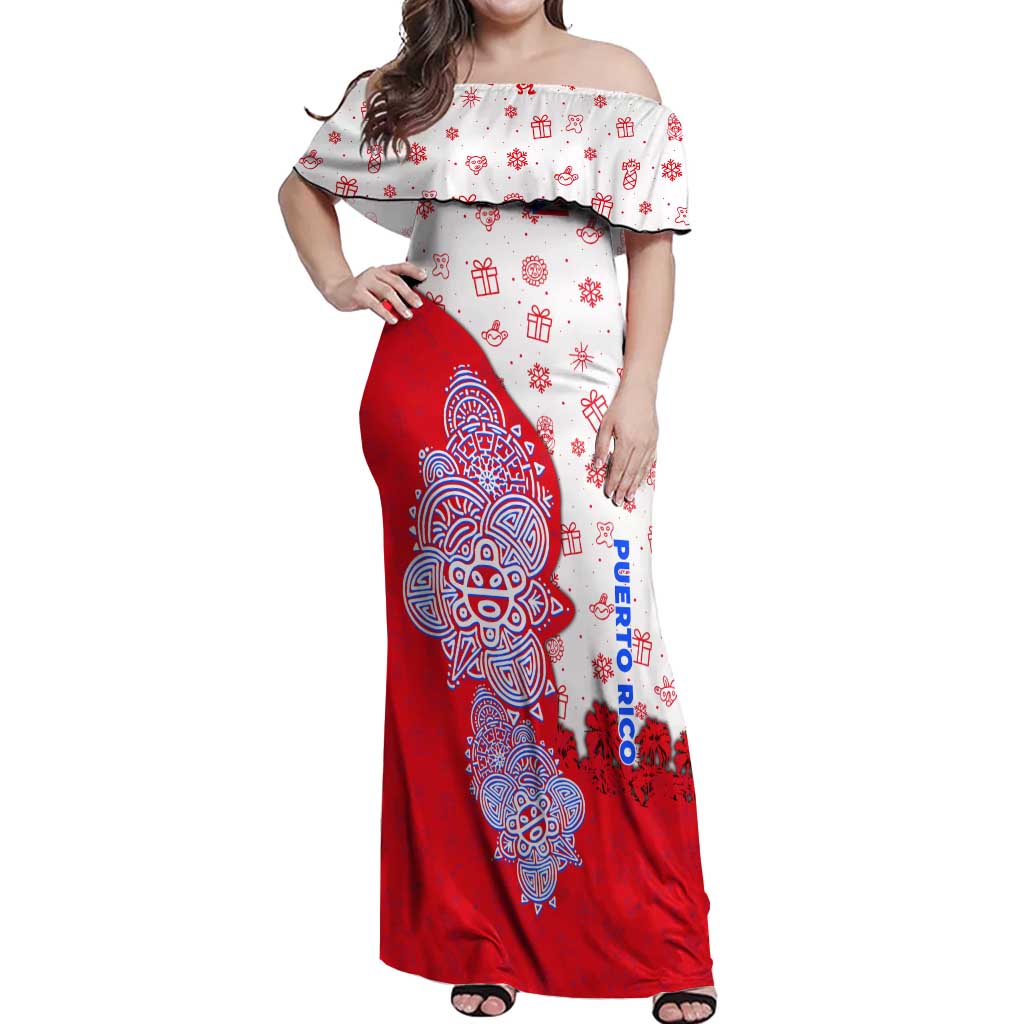 Puerto Rico Christmas Off Shoulder Maxi Dress with Taino Symbols Palm Tree Bongos and Holiday Pattern Design - Wonder Print Shop
