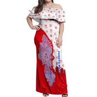 Puerto Rico Christmas Off Shoulder Maxi Dress with Taino Symbols Palm Tree Bongos and Holiday Pattern Design - Wonder Print Shop