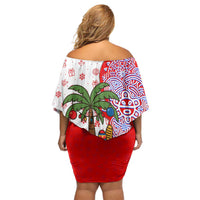 Puerto Rico Christmas Off Shoulder Short Dress with Taino Symbols Palm Tree Bongos and Holiday Pattern Design - Wonder Print Shop