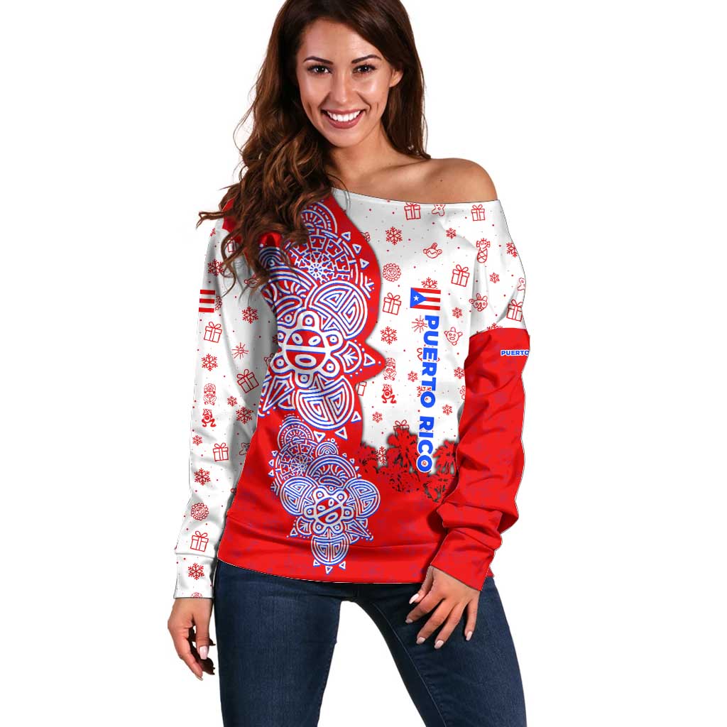 Puerto Rico Christmas Off Shoulder Sweater with Taino Symbols Palm Tree Bongos and Holiday Pattern Design - Wonder Print Shop