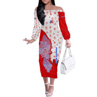 Puerto Rico Christmas Off The Shoulder Long Sleeve Dress with Taino Symbols Palm Tree Bongos and Holiday Pattern Design - Wonder Print Shop