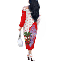 Puerto Rico Christmas Off The Shoulder Long Sleeve Dress with Taino Symbols Palm Tree Bongos and Holiday Pattern Design - Wonder Print Shop