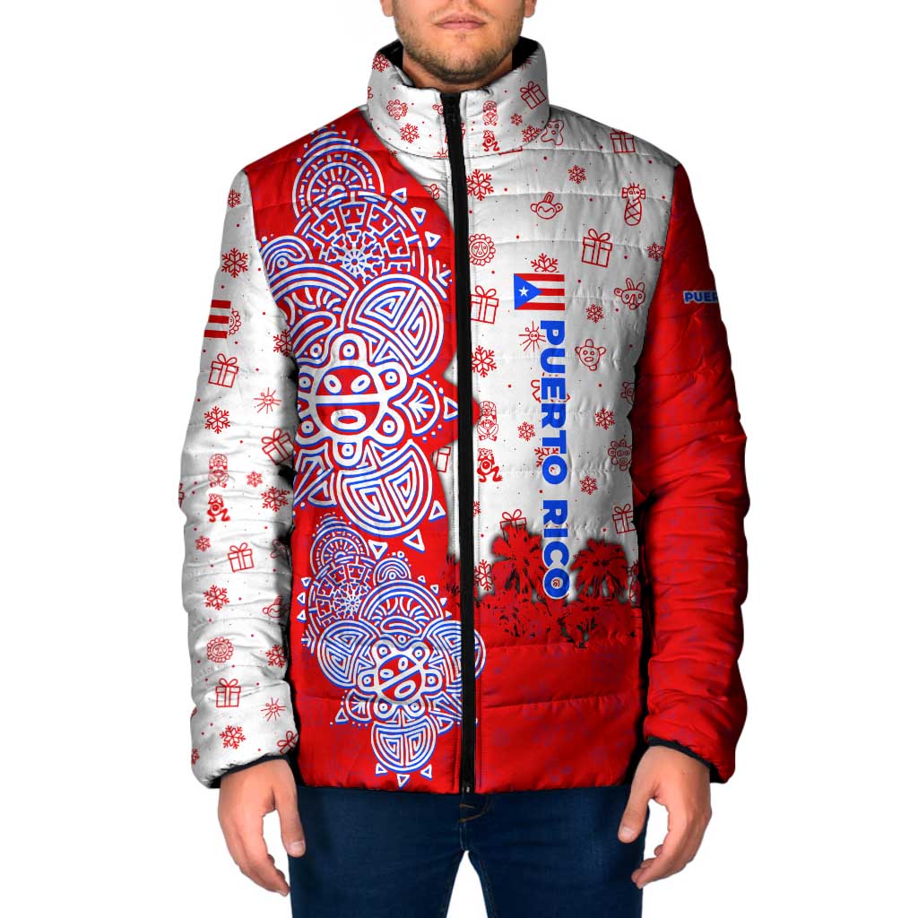 Puerto Rico Christmas Padded Jacket with Taino Symbols Palm Tree Bongos and Holiday Pattern Design - Wonder Print Shop