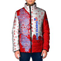 Puerto Rico Christmas Padded Jacket with Taino Symbols Palm Tree Bongos and Holiday Pattern Design - Wonder Print Shop