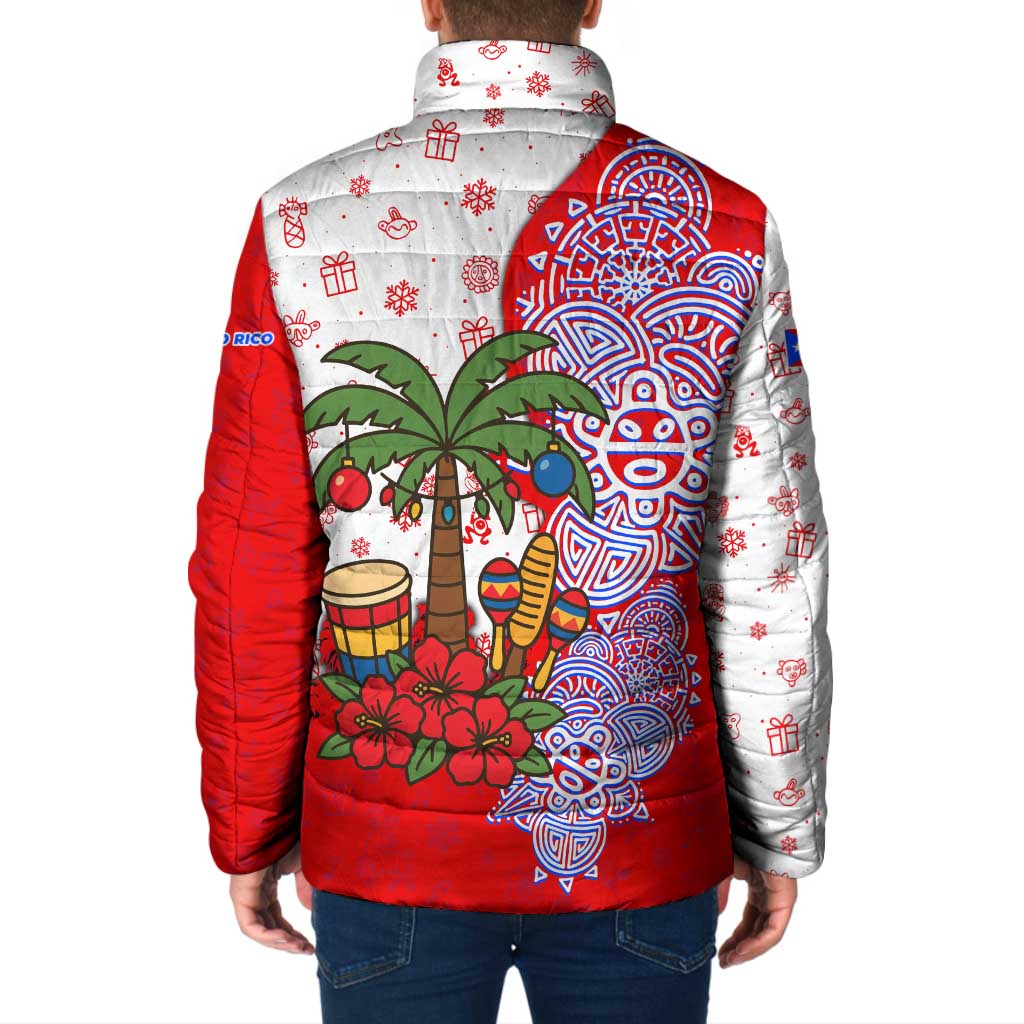 Puerto Rico Christmas Padded Jacket with Taino Symbols Palm Tree Bongos and Holiday Pattern Design - Wonder Print Shop