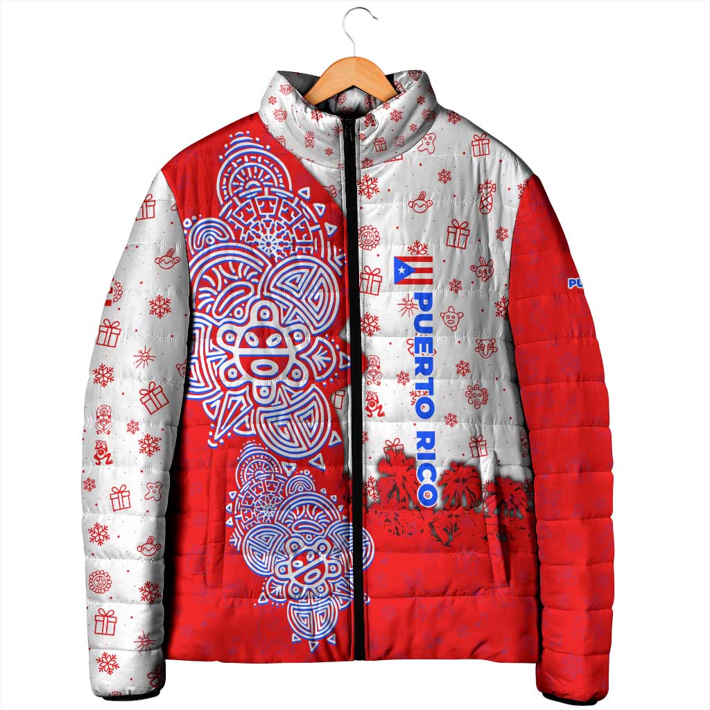 Puerto Rico Christmas Padded Jacket with Taino Symbols Palm Tree Bongos and Holiday Pattern Design - Wonder Print Shop