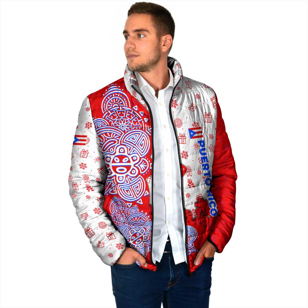 Puerto Rico Christmas Padded Jacket with Taino Symbols Palm Tree Bongos and Holiday Pattern Design - Wonder Print Shop