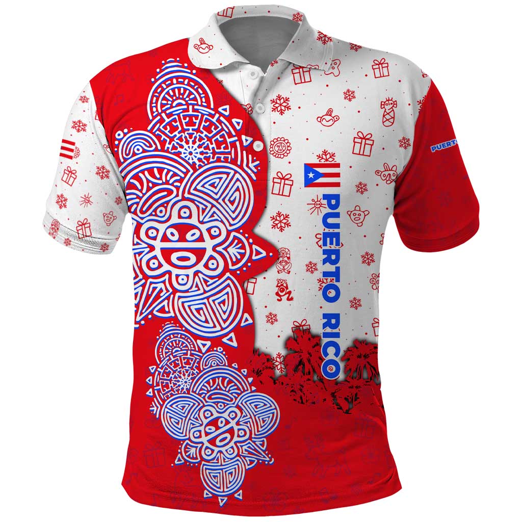 Puerto Rico Christmas Polo Shirt with Taino Symbols Palm Tree Bongos and Holiday Pattern Design - Wonder Print Shop