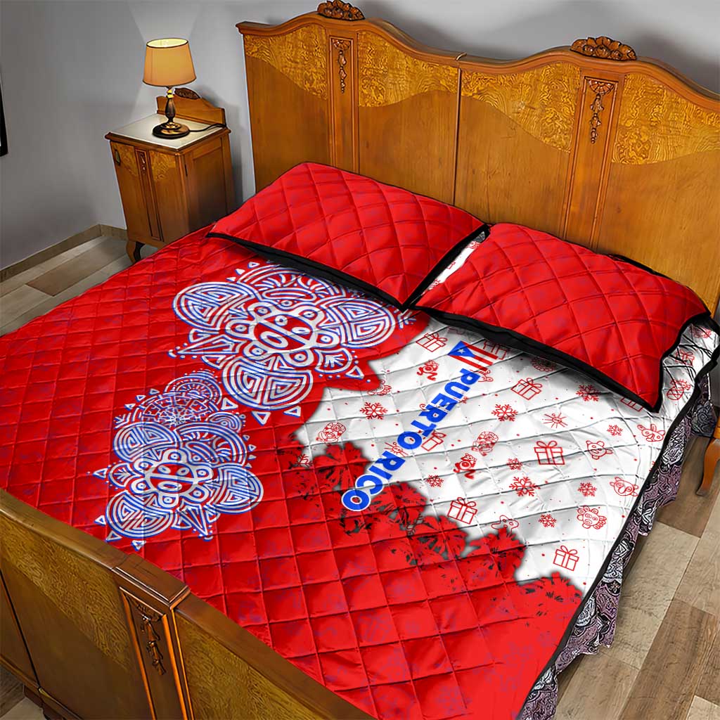 Puerto Rico Christmas Quilt Bed Set with Taino Symbols Palm Tree Bongos and Holiday Pattern Design - Wonder Print Shop
