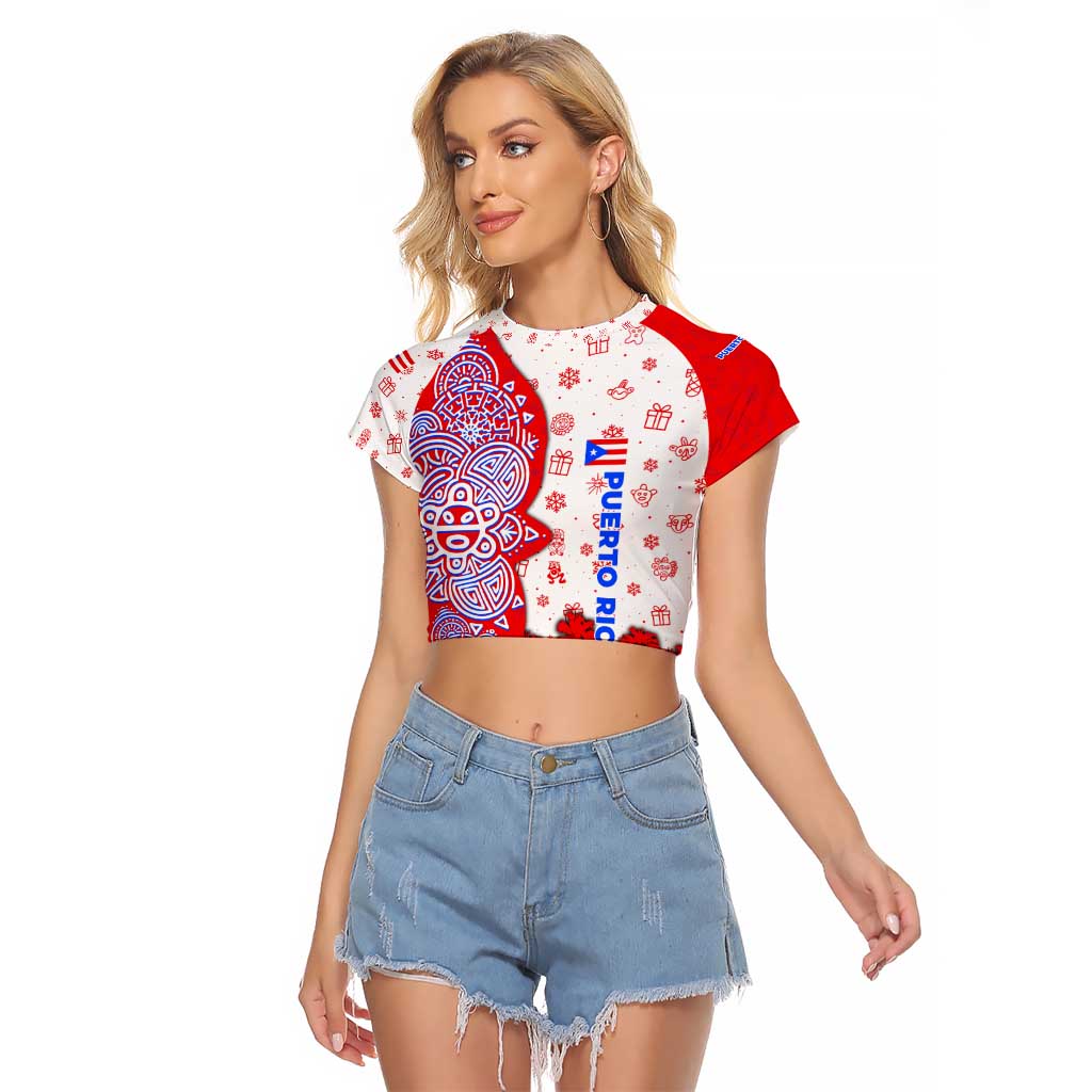 Puerto Rico Christmas Raglan Cropped T Shirt with Taino Symbols Palm Tree Bongos and Holiday Pattern Design - Wonder Print Shop