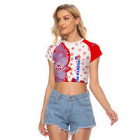 Puerto Rico Christmas Raglan Cropped T Shirt with Taino Symbols Palm Tree Bongos and Holiday Pattern Design - Wonder Print Shop