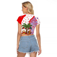 Puerto Rico Christmas Raglan Cropped T Shirt with Taino Symbols Palm Tree Bongos and Holiday Pattern Design - Wonder Print Shop