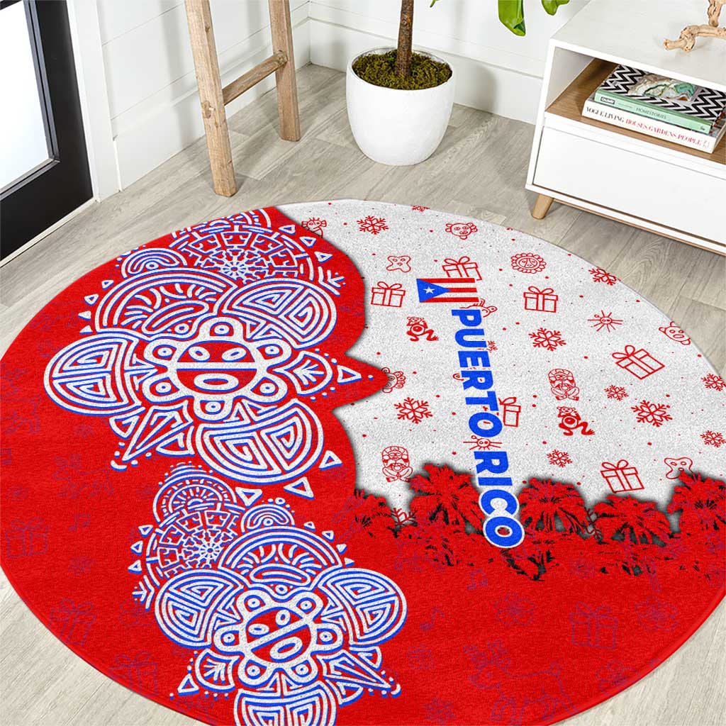 Puerto Rico Christmas Round Carpet with Taino Symbols Palm Tree Bongos and Holiday Pattern Design - Wonder Print Shop