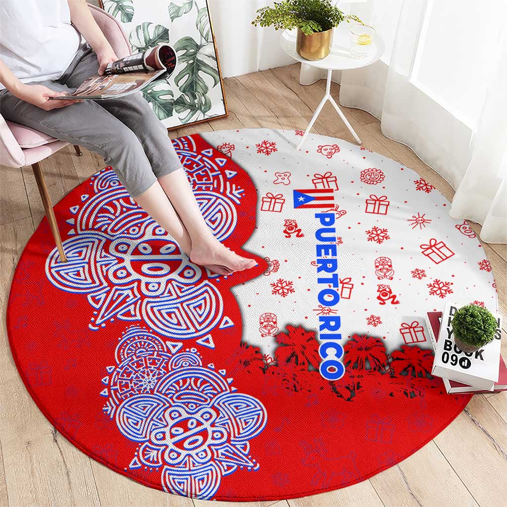 Puerto Rico Christmas Round Carpet with Taino Symbols Palm Tree Bongos and Holiday Pattern Design - Wonder Print Shop