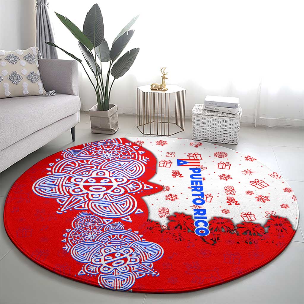 Puerto Rico Christmas Round Carpet with Taino Symbols Palm Tree Bongos and Holiday Pattern Design - Wonder Print Shop