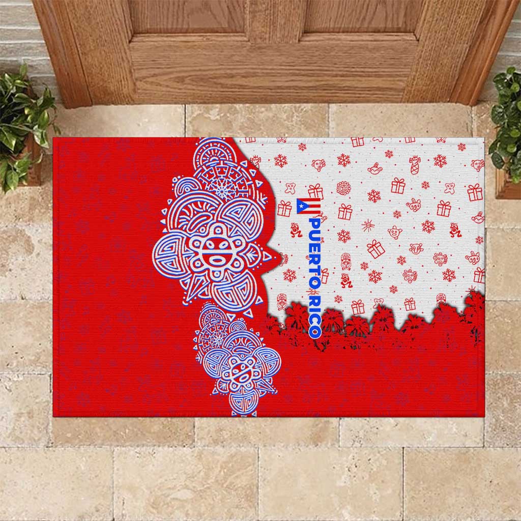 Puerto Rico Christmas Rubber Doormat with Taino Symbols Palm Tree Bongos and Holiday Pattern Design - Wonder Print Shop