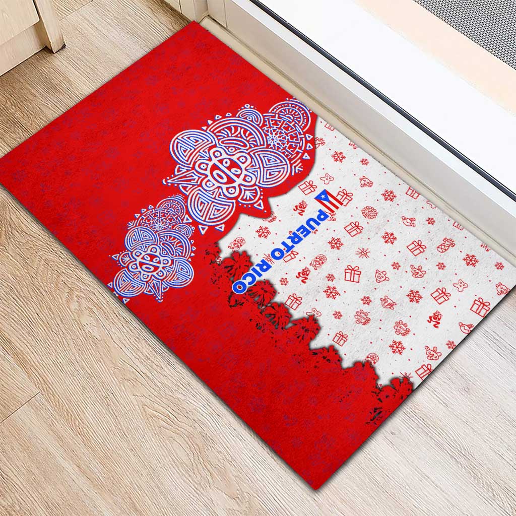 Puerto Rico Christmas Rubber Doormat with Taino Symbols Palm Tree Bongos and Holiday Pattern Design - Wonder Print Shop