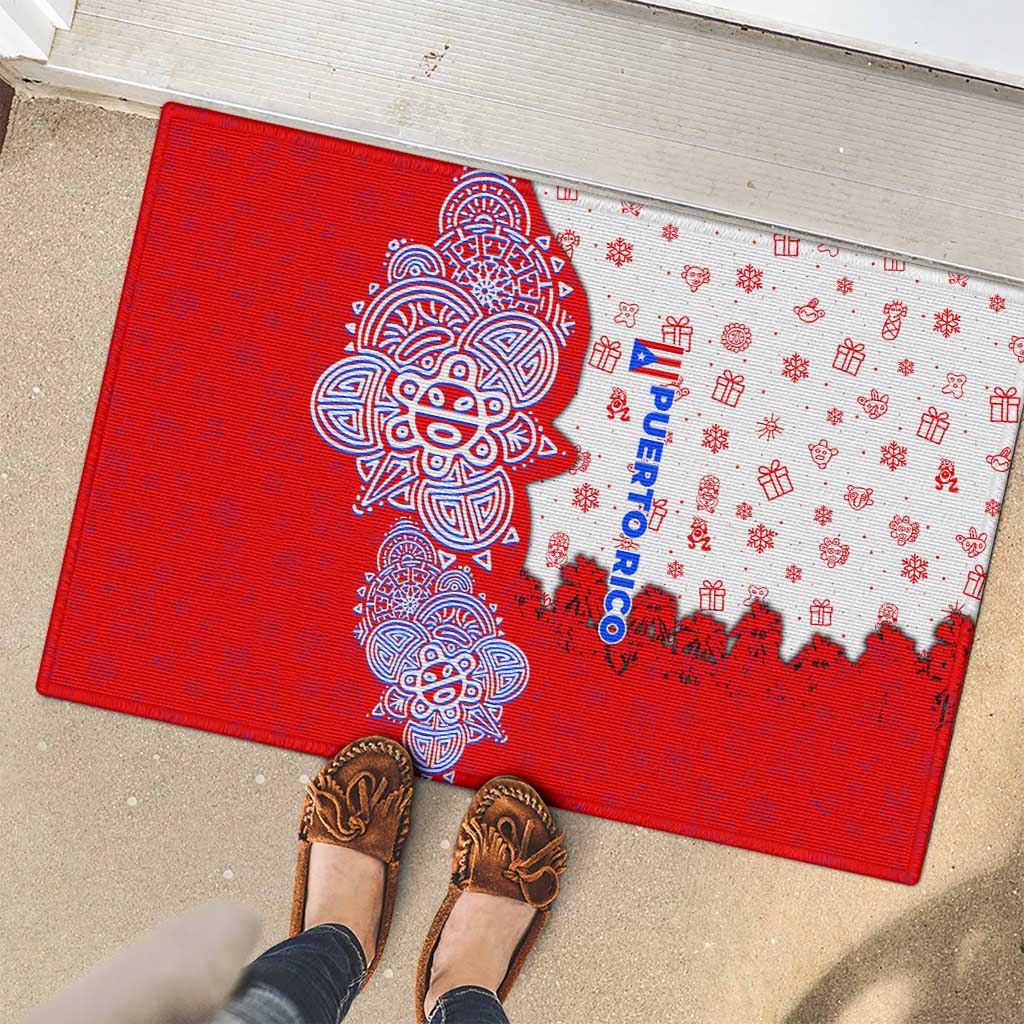 Puerto Rico Christmas Rubber Doormat with Taino Symbols Palm Tree Bongos and Holiday Pattern Design - Wonder Print Shop