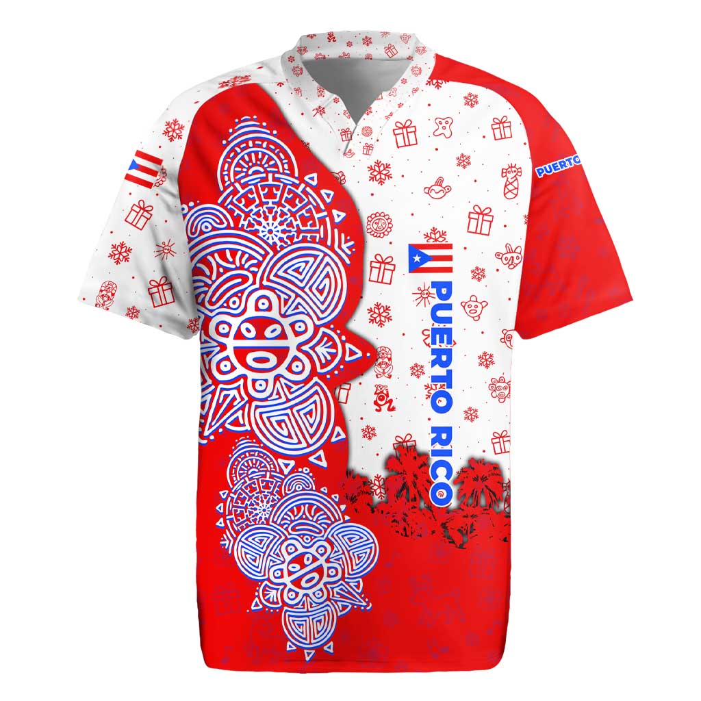 Puerto Rico Christmas Rugby Jersey with Taino Symbols Palm Tree Bongos and Holiday Pattern Design - Wonder Print Shop
