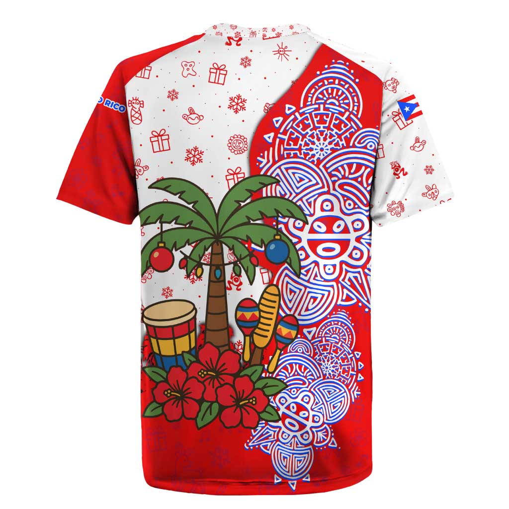 Puerto Rico Christmas Rugby Jersey with Taino Symbols Palm Tree Bongos and Holiday Pattern Design - Wonder Print Shop