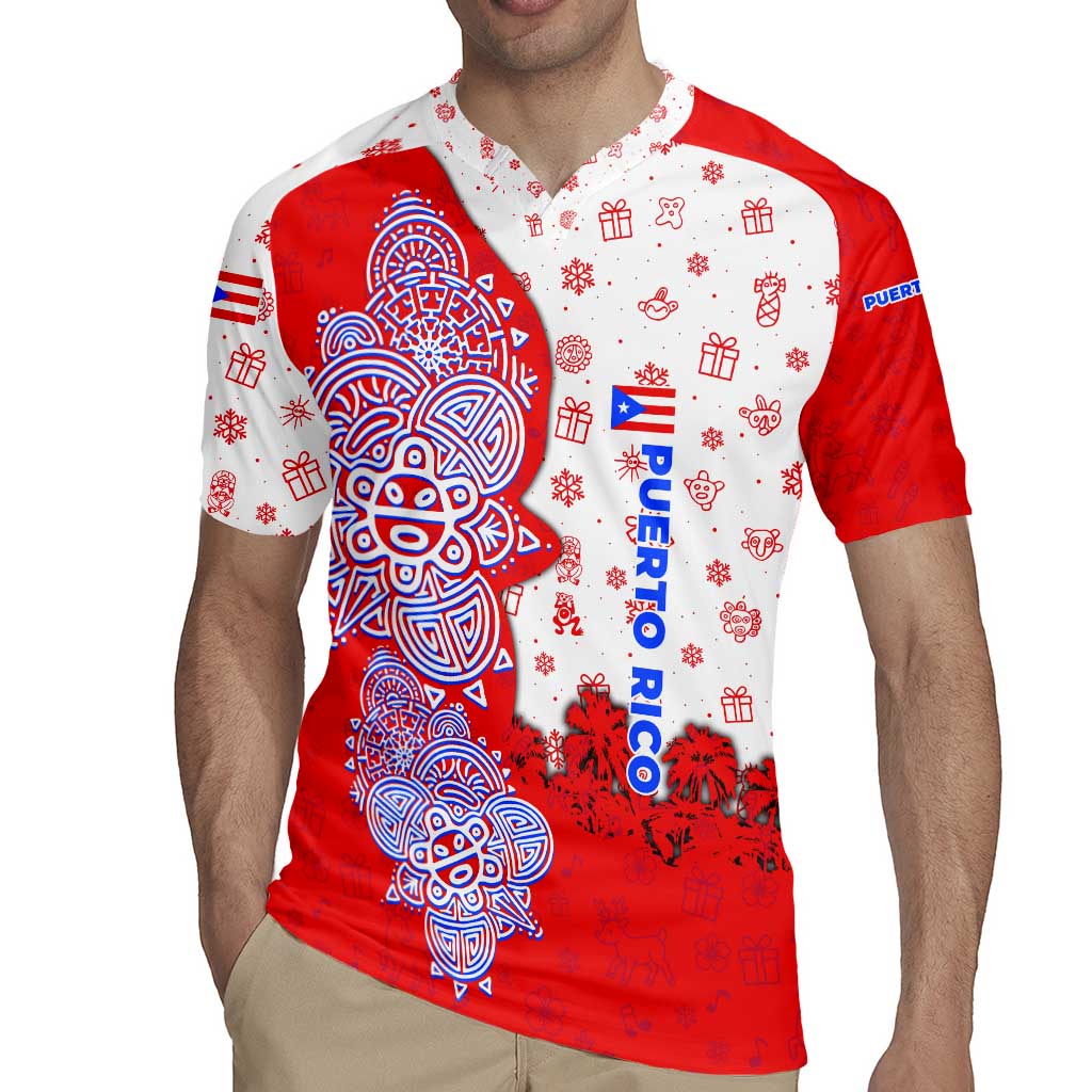 Puerto Rico Christmas Rugby Jersey with Taino Symbols Palm Tree Bongos and Holiday Pattern Design - Wonder Print Shop