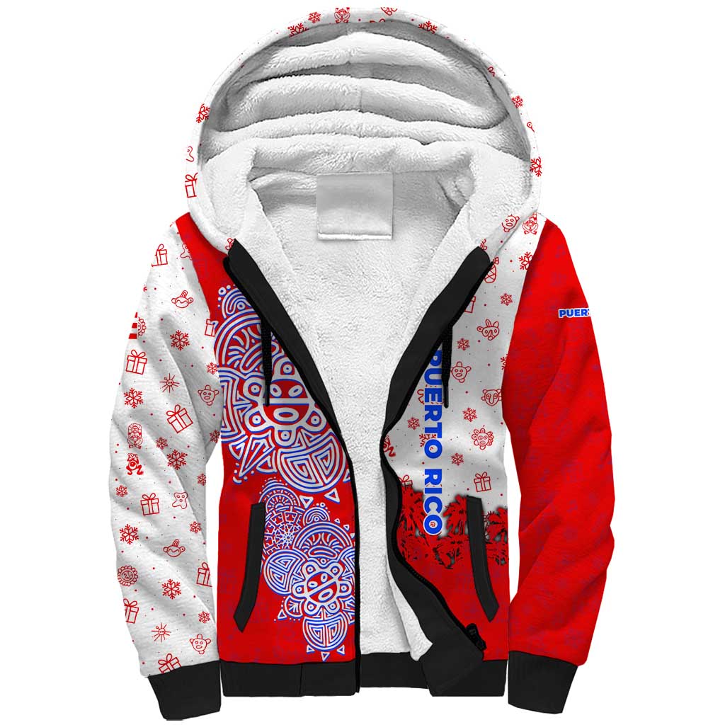 Puerto Rico Christmas Sherpa Hoodie with Taino Symbols Palm Tree Bongos and Holiday Pattern Design - Wonder Print Shop