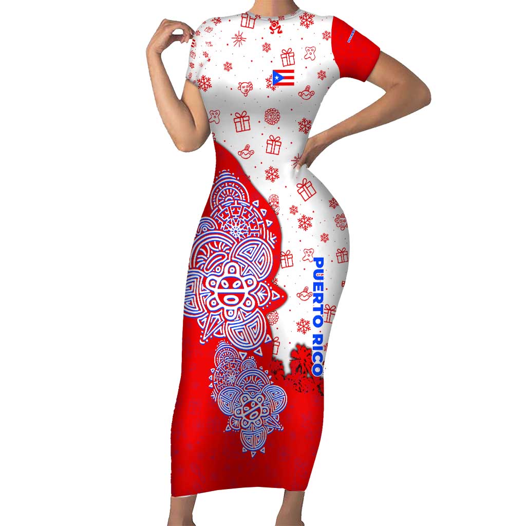 Puerto Rico Christmas Short Sleeve Bodycon Dress with Taino Symbols Palm Tree Bongos and Holiday Pattern Design - Wonder Print Shop