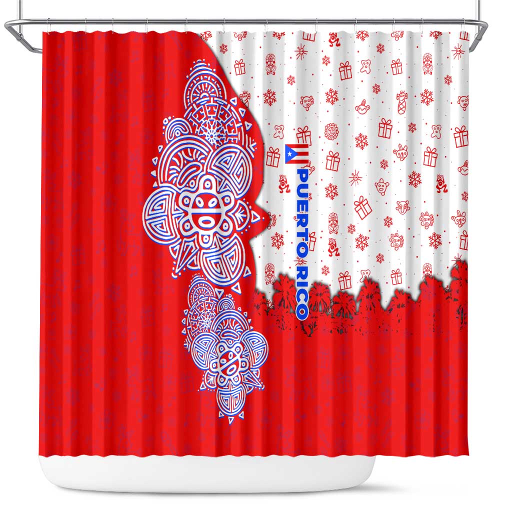 Puerto Rico Christmas Shower Curtain with Taino Symbols Palm Tree Bongos and Holiday Pattern Design - Wonder Print Shop
