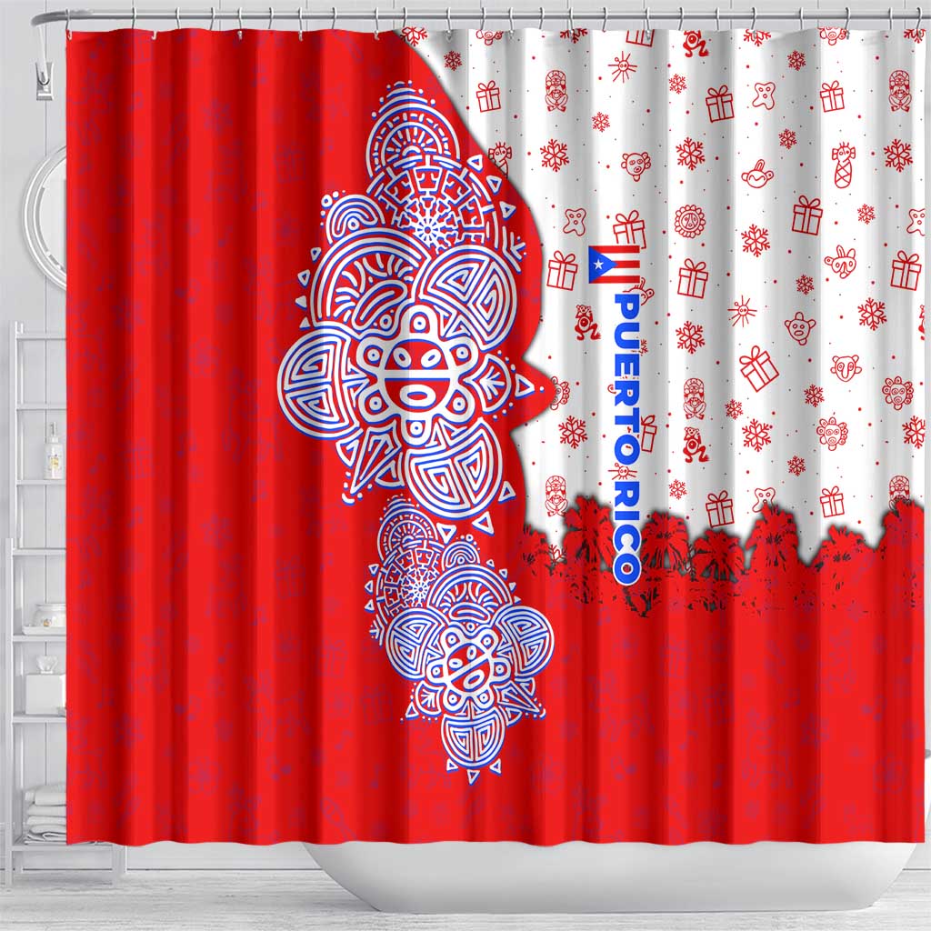 Puerto Rico Christmas Shower Curtain with Taino Symbols Palm Tree Bongos and Holiday Pattern Design - Wonder Print Shop